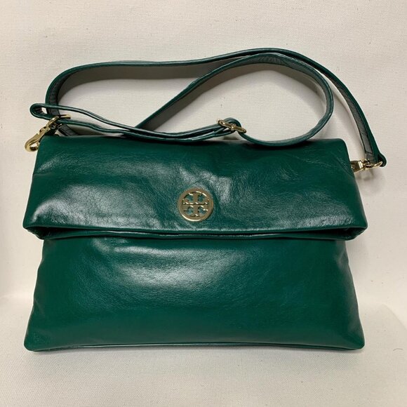 Tory Burch green leather crossbody bag with fold-over flap and signature logo em - Picture 1 of 8